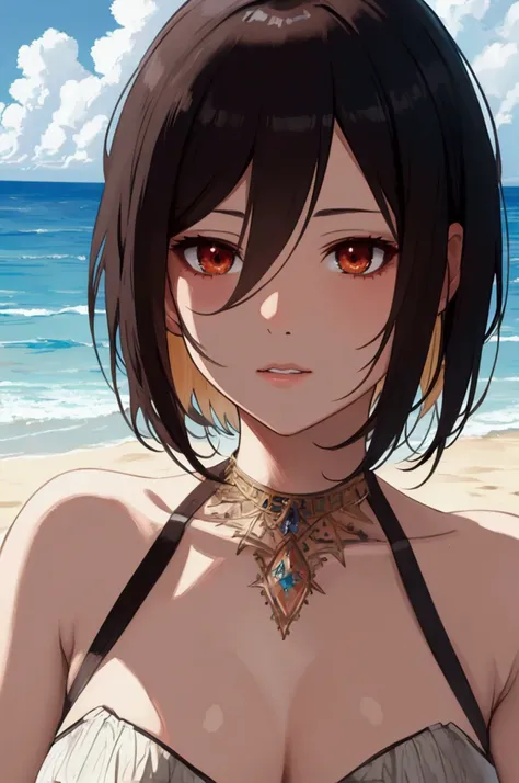 Top Quality, Masterpiece, High Definition, mikasa, Beautiful and Perfect Face, beach, 8K, Very Detailed  