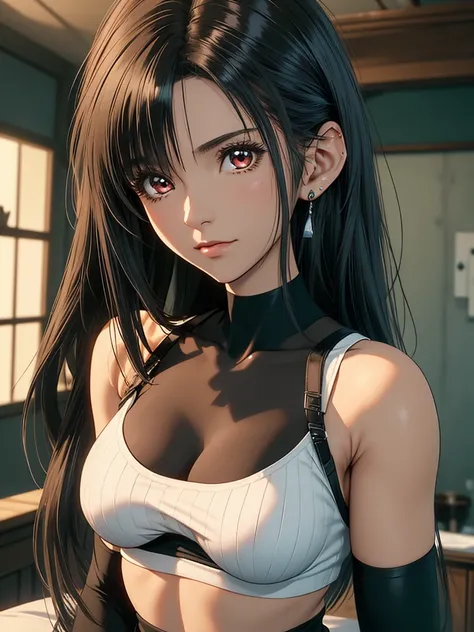 8k，masterpiece， top quality，Large，（1個Giant Breast Girl）， Tifa Lockhart ，red_eye， brown hair ， Long white hair ， professional lighting，（ Shiny Skin ：1.2），光沢のあるLarge，（（ best quality）），Perfectly focused：1.2， very detailed face and skin textures，Detailed eye，P...