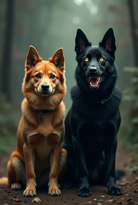  Create an image with a caramel dog and an evil-faced black dog,  one next to the other .