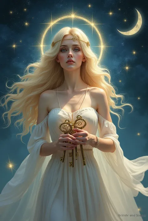 The goddess of the moon and stars with blond hair of fair skin and a bunch of keys in her hands 