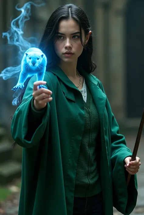 A woman in a Slytherin uniform holds a wand in her hand and casts a patronus spell, with a ferret of blue light beside her 