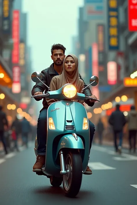 A 25-year-old young man and a 25-year-old woman in hijab ride a bonded Vespa motorcycle 