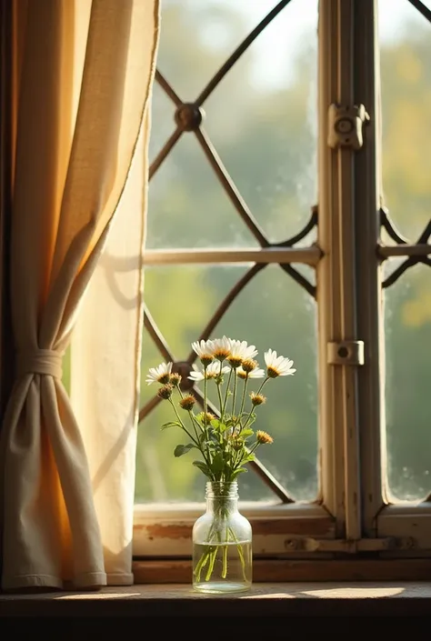 A vintage-inspired close-up of a delicate flower in a small, antique glass vase sitting on a weathered wooden windowsill. The window has an ornate iron frame, and sheer linen curtains with a slightly aged texture billow gently in the breeze. Sunlight strea...