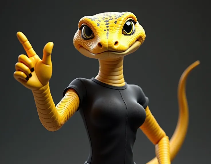 a snake, yellow, wearing a black shirt, she is posing for the photo, front profile view, waving her hand forward with a thumbs up,3D mascot, ultra detailed and ultra realistic