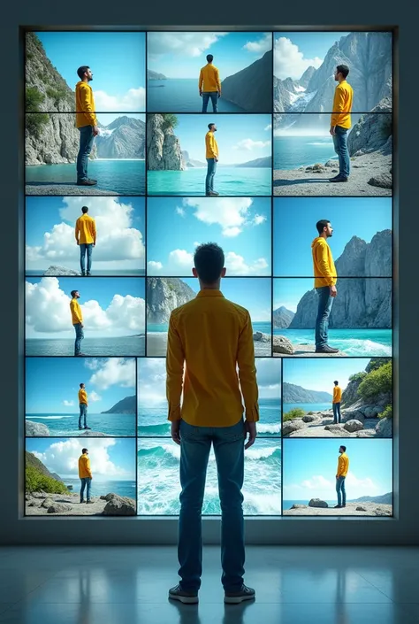 a person is standing in clothes with a yellow shirt and jeans in front of a huge monitor with lots of small screens, each one sees an image of himself in a yellow shirt and jeans in different poses and different environments