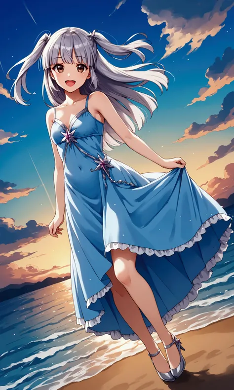 1girl, little sister, blue silver hair, two side up, happy, brown eyes, smile, open mouth, windy, dutch angle, (full body)+, beautiful detailed twilight sky+, iridescent dress, (perfect anatomy)++