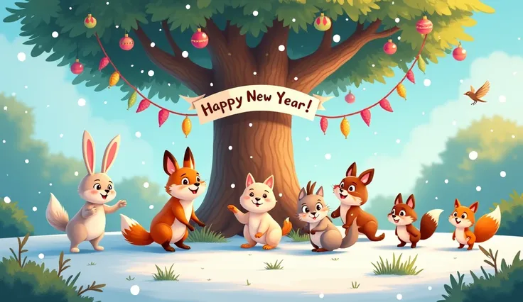 Prompt: cartoon
Context: This is the introduction to the animated video where the animals are gathered in a snowy meadow to celebrate the New Year 2025. The mood is cheerful and festive, setting the stage for the adventures to come.Visuals: A bright and sn...