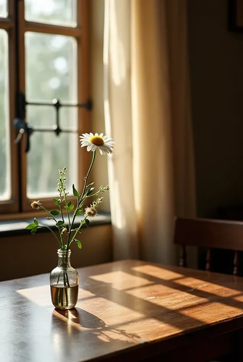 A close-up of a delicate flower in a small, vintage glass vase placed on a dark brown, rustic wooden dining table by a window. The window has an ornate iron frame, and sheer linen curtains with a soft texture gently filter the sunlight, casting warm, golde...