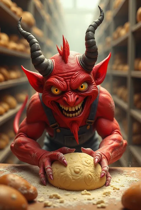 Smiling red devil making bread dough inside a huge bakery