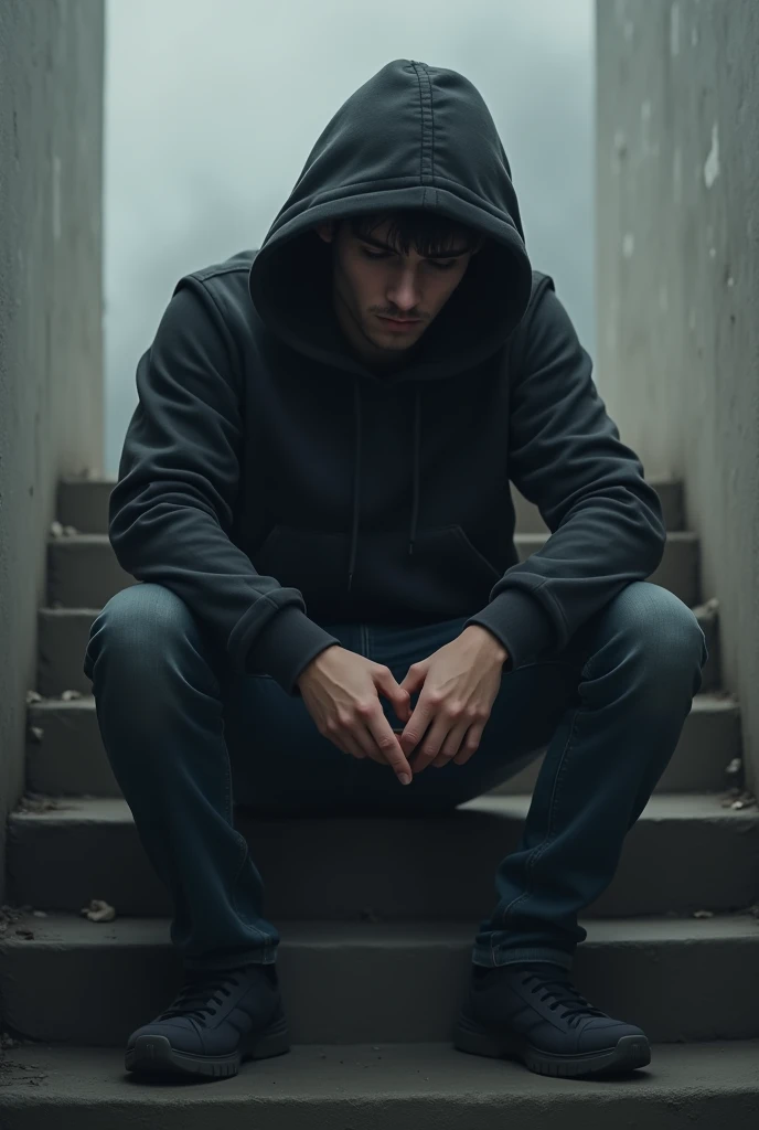 Man thinking with his head down in a hoodie sitting on the stairs