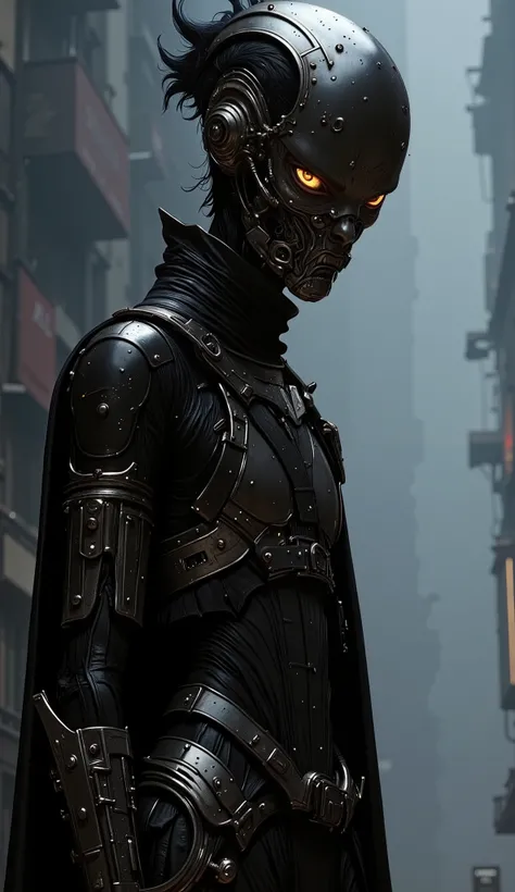 male,   He wears a black gas mask that covers his face  .,  The gas mask has yellow details and yellow details on the eyes and the filter.,   Black clothing with cyberpunk design  ,   Metallic texture y mechanical decorations in some places  .,  deep black...