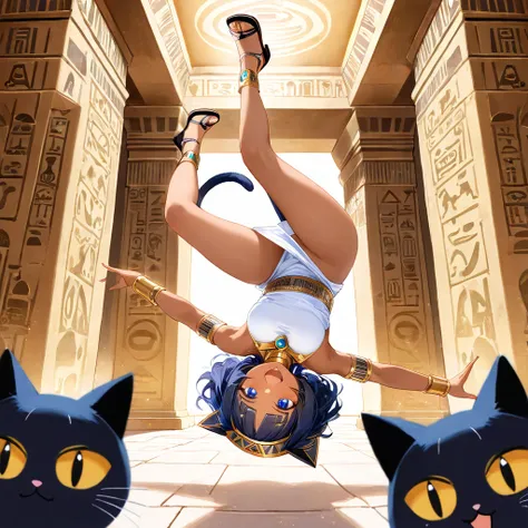 (Quality: Masterpiece, best quality), (detailed illustration), 8k.

(Character: Bastet, Egyptian goddess, tan skin, (jet black short bob haircut, full bangs)), (cute, expressive face, showing excitement, joy), ((cat ears)), ((cat tail)).

(Outfit: (White m...