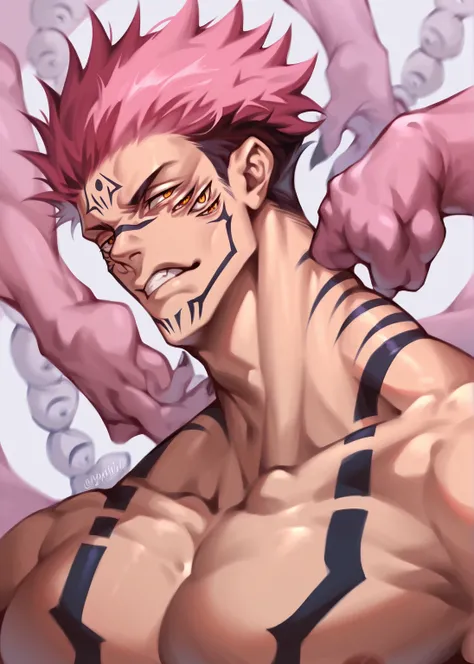 Ryomen sukuna, jujutsu kaisen, heian, pink hair, 1 boy, manly, muscle, pecs, tatto, facial marks, extra eyes, 4 arms, spiked_hair, tattoo, manly