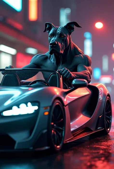 A Great Dane anthropomorphic dog driving a sleek sports car, extremely detailed, photorealistic, high quality, 8k, hyperrealistic, cinematic lighting, dynamic composition, muscular dog with human-like features, intense expression, sports car with glossy me...