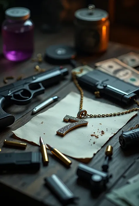  I want a table with a diamond chain that has a pendant with a seven and that next to the chain there is also a slightly burnt sheet of paper and that the table is full of bills, guns and bullets and a purple drink 