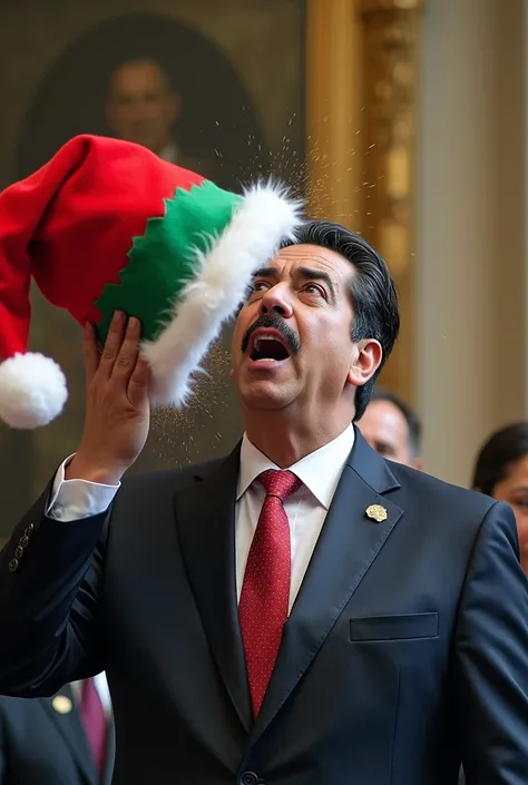 Nicolás Maduro getting hit in the face with a Christmas hat 
