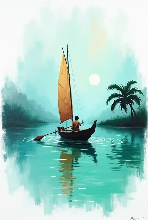  River of light green color ,  with reflection of blue shadow , Seemingly sailboat on it with its driver is a simple Indonesian village fisherman dressed in ragtag camping clothes sobek wet kuyub. The sky is light blue .  Background white color with a smea...