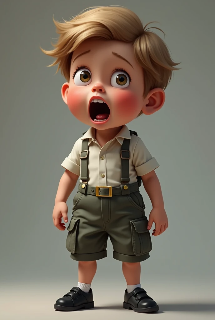 Prince George of England s of mouth wide open eyes too exhausted saliva in his mouth wears short cargo pants and black shoes