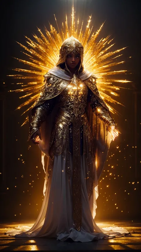 Full and real image. A strong and imposing guardian angel, wearing a white tunic with flashing gold details and glitter, radiates a lot of light. Photorealism, Full view, Highly detailed image, Very realistic, Hyperrealism, Cinematography, Ultra HD, 8k, Un...