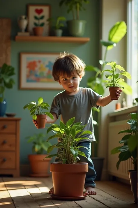  boy breaks a potted plant indoors and becomes desperate 
