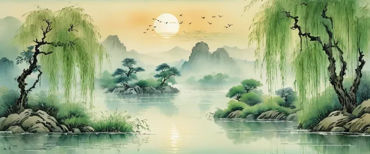 Watercolor Landscape, An ancient Chinese poem"A lush willow, The weeping willow hung on the water" is a poetic masterpiece With the rhythm of the water as its guide it sails into the night, side by side, The use of light green soft blue, tinted in Chinese ...