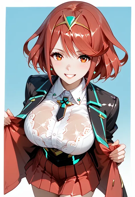 source_anime, masterpiece, best quality, perfect anatomy, very aesthetic, official art, pyra (xenoblade), 1girl, red hair, short hair, swept bangs, bob cut, red eyes, solo, traditional media, 
shiny skin, beautiful eyes, natural huge breasts, curvy
,
cowbo...