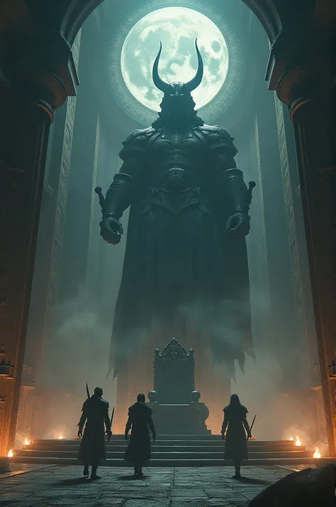 Empty throne guarded by the final boss waiting aside facing incoming three warriors
