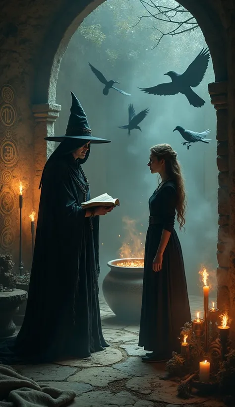 a very beautiful witch teaching a woman the arts of witchcraft in a dark environment, with crows, cauldron, candles