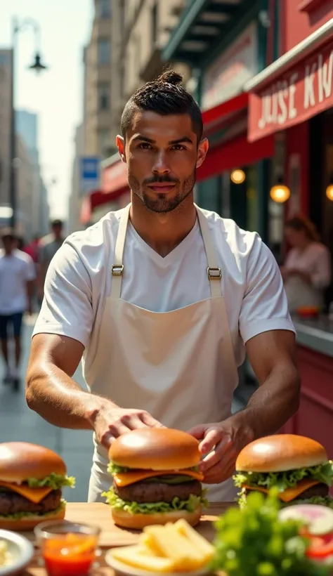 Create a hyper-realistic, 8K resolution image of Cristiano Ronaldo working attentively at a fast-food stall on a bustling American city street during daytime. Ronaldo is dressed in a clean, professional chefs uniform, complete with a white apron and a chef...