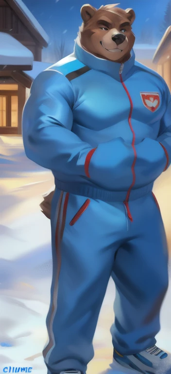 Solo,big man​, huge​ body​,​standing​, snow ,bear , ice blue Tracksuit soldier , overweight, muscular,Smirking evil ,yandere, by chunie