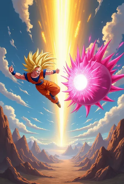  Imagine a clear sky ,  with few scattered clouds ,  universe illuminated by a golden light that reflects the power of Goku in his Super Saiyan form 3 . Hes floating ,  his long golden hair shining brightly ,  as he faces Majin Boo .  The landscape below i...