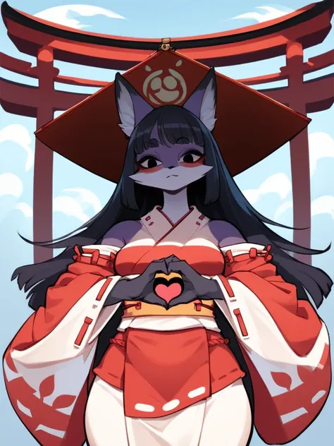 At creepy Japanese Shrines , cartoon furry female fox , (Hand Shadow Fox)
, erotica , My heart is beating fast , Shrine maiden outfit