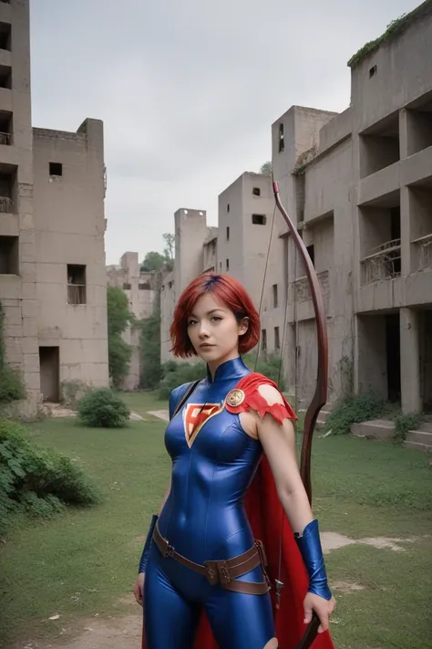 18years-old Japanese girl, very short cut, red hair, super hero costume, torn costume, archery, nsfw, outdoor, (midnight), ruins, Standing in honor, (best quality), (Very Aesthetic), (super detailed), (photorealistic), upper body,