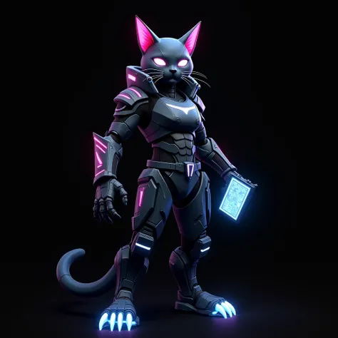 Black cat as a hi-tech cyberpunk warrior officer, Standing confidently with one hand holding a glowing neon blue data pad, Cat paws with glowing neon blue claws, front-view, black background 