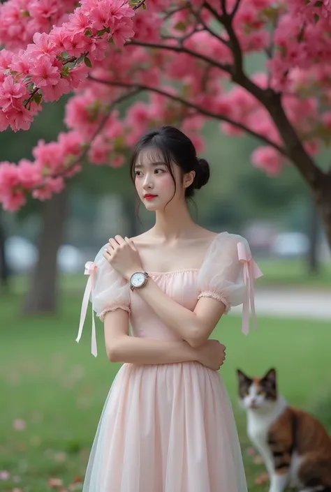 Beautiful Korean Women , smooth white skin, well-groomed face,Korean style updo with bangs,knee length dress, transparent short balloon sleeve,,left and right sleeves with butterfly motif ribbons,the color of the shirt is old, white shoes, luxury watch, sm...