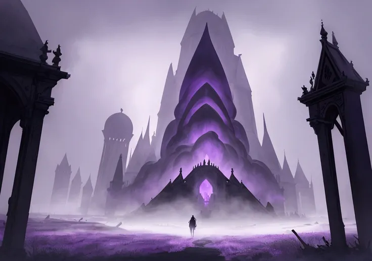 dark fantasy, Middle Ages,  no people,  Something like purple fog whose shape is unknown, unidentifiable, Shaking ,  No shape , Like fog , Silhouette only,