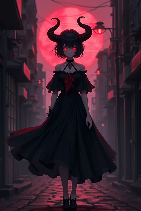 Anime boy with horns and a dress in a dark alley, Gothic maiden anime girl, with glowing red eyes,  dark fantasy art ,  demon anime girl , gothic ghost maiden, with glowing red eyes, Intricate Yandere, Dan Mumford Tom Bagshaw, Dark Sorceress Full View, yan...