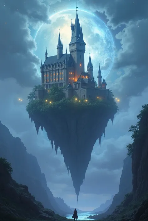 Mystical landscape with a castle floating on a rock