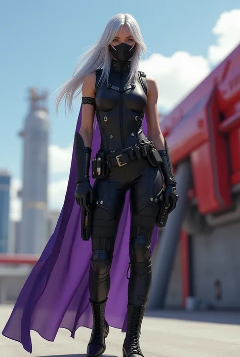 Create an image with the characteristics defined in the tag and avoid using the characteristics defined in the tag .

A futuristic and stylized female character with long silver hair. She is wearing tactical gear predominantly black with purple accents, in...