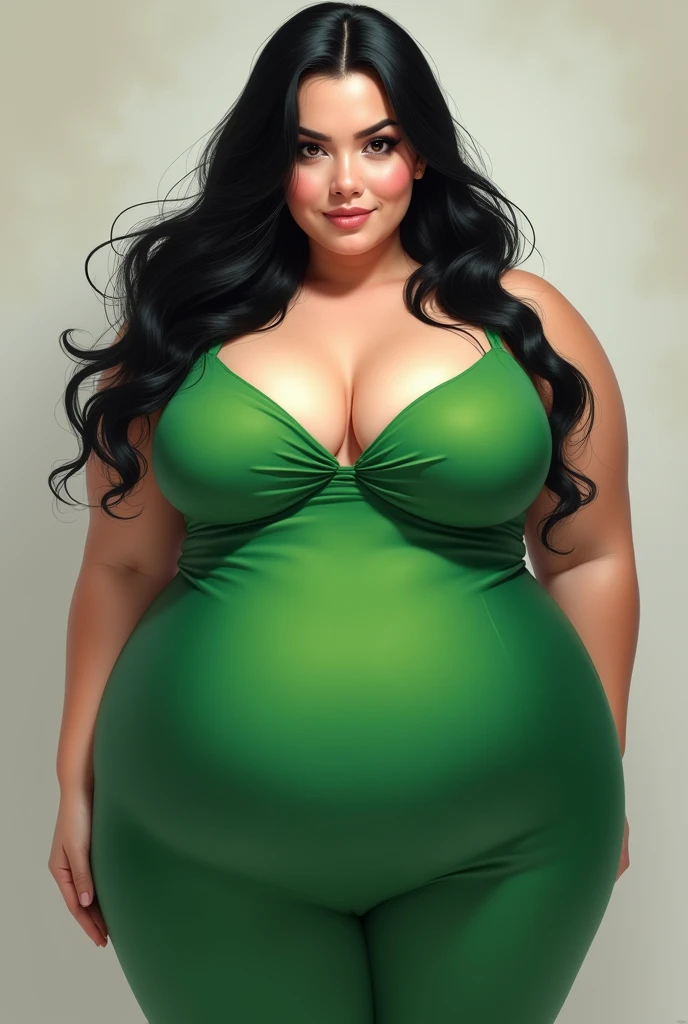 I want a picture of a black haired girl, fat, very white, height of 53 black eyes, very chubby, arrogant, green dress