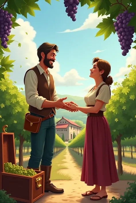  Vineyard owner cheerful with his servant for his excellent work and abundant grape harvest, Grateful, the owner opens his treasure chest and offers the servant his salary