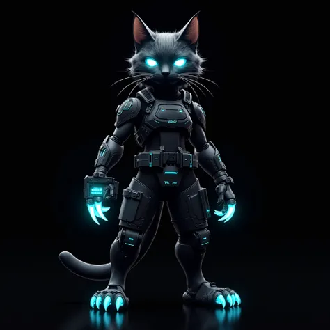 Black cat as a hi-tech cyberpunk warrior officer, Standing confidently with one hand holding a glowing neon blue data pad, Cat paws with glowing neon blue claws, front-view, black background 