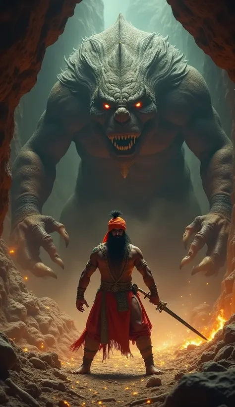 A Very Clear 4K Ultra HD Dynamic Image Of "Raja Vikramaditya, wearing a warriors outfit with a shining sword, fiercely battles the monstrous creature inside a dark cave. The cave is filled with glittering treasures and bones, with the monster towering over...