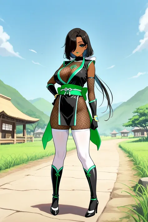 Anime, only (lady in fishnet bodysuit) 
with leather cloth, clothing, ninja clothing
(White stockings and ninja high heels )
(Nice elegant ninja clothing under the fishnet, bodysuit and white )
(And green design trim detail )
(In brown skin color )
(Hairst...