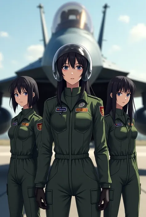 Pilot lieutenant and two blue-eyed female soldiers with dark black hair in front of F-16 