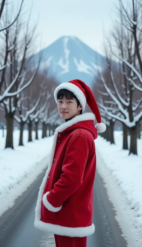 Real. Photorealistic. The image is in vibrant color.
Photo, highly detailed

A cool, refreshingly smiling young Japanese handsome man in a Santa Claus hat stands looking into the camera.
The man has an enchanting smile.
He is wearing a Santa Claus costume....