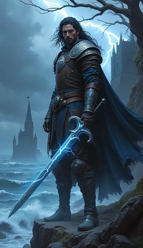 Create a highly detailed portrait of Kaelan Stormblade, a human male warrior in a dark fantasy style. He stands tall and imposing, clad in weathered leather and chainmail armor adorned with intricate symbols of crashing waves and storm clouds. His long, da...