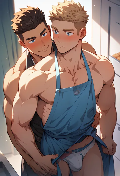 1st son,   good-looking, Muscular,  Blonde hair, Blusher ,   blue eyes, Crew cut, Blusher, naked apron , Yaoi, Take off your top,  underwear, Im holding a white briefs ,  in both hands, bulge,  kitchen interior background  ,   top grade , masterpiece,  VER...