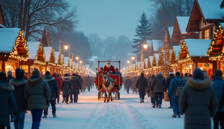 A snowy Christmas market in a pretty town. A crowd turns to watch as a grand reindeer-drawn sleigh pulled in, carrying none other than Santa Claus himself!
The sleigh is full of presents, all wrapped up and ready for Santa to deliver to all the ren in the ...