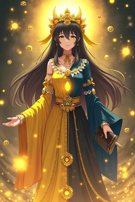 There was a girl who had a goddess on one side of her body and  the other side of her body is school girl .   She has long black hair.    The hair on the side where the deity is seen is yellow.   They are decorated with flowers and yellow ribbons.  She is ...